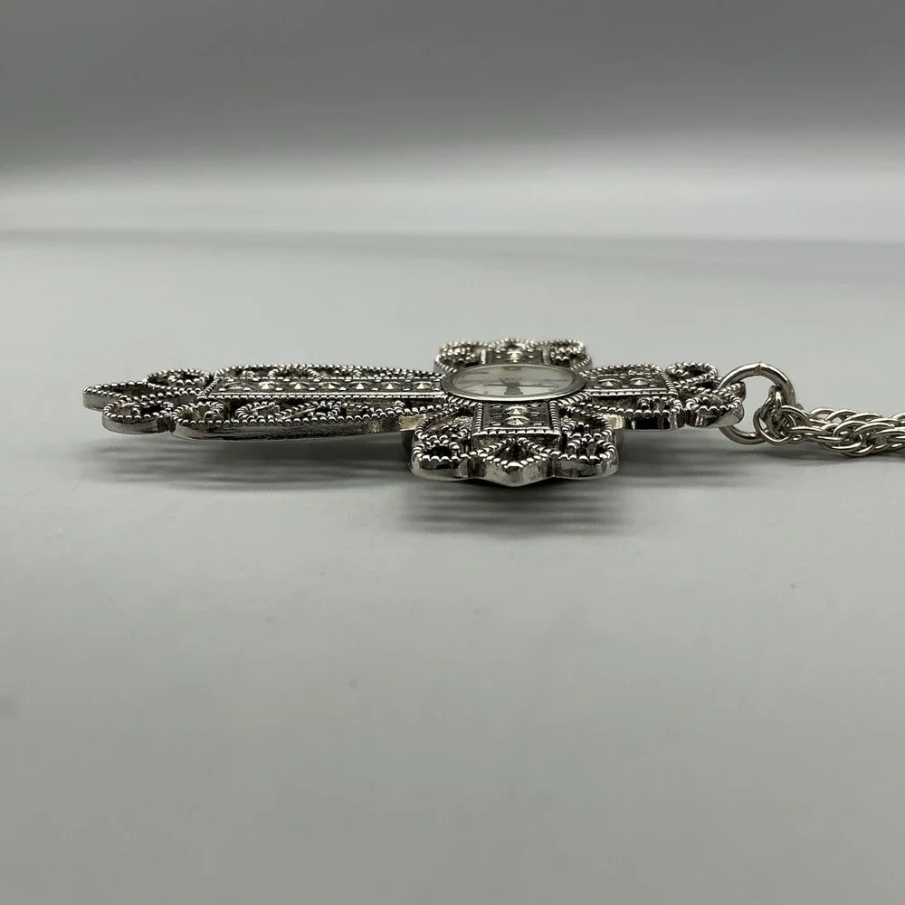 LA Express Womens Watch 44mm Cross Pendant Necklace Silver Tone New Battery